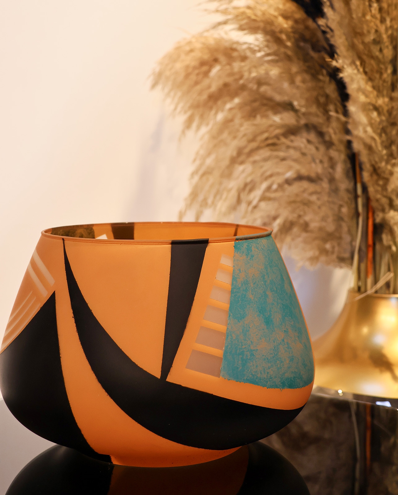 Özel El Yapımı Boyamalı Turuncu Cam Vazo